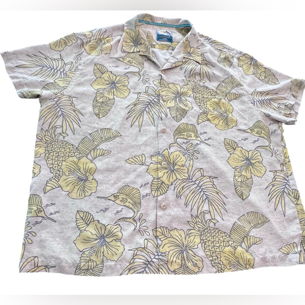 Tommy Bahama 100% Silk Hawaiian Shirt 3XL Pineapple Hibiscus Yellow Beach EUC
